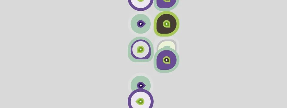 Abstract pattern features purple, green circles over light gray background. Stock Illustration
