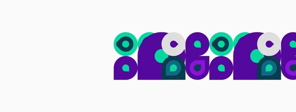 Abstract pattern features purple shapes, teal circles. Minimalist design evok Stock Illustration