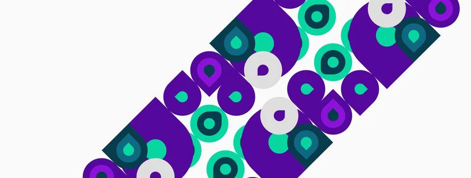 Abstract pattern features purple, teal shapes. Circles, rectangles overlap Stockillustratie