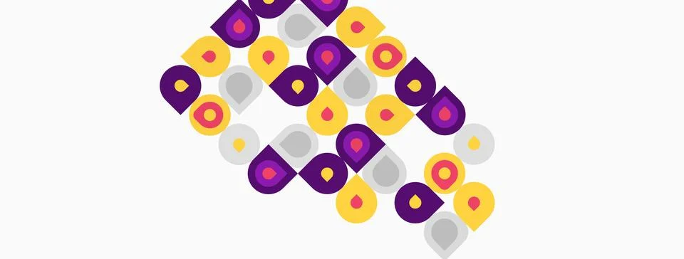 Abstract pattern features purple, yellow circles, squares. Shapes overlap Stock Illustration