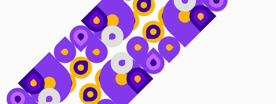 Abstract pattern features purple, yellow circles, shapes. Diagonal arrangemen Stock Illustration