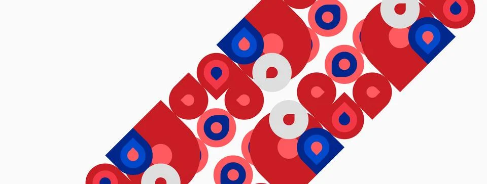 Abstract pattern features red, blue circles, squares. Diagonal arrangement Stock Illustration