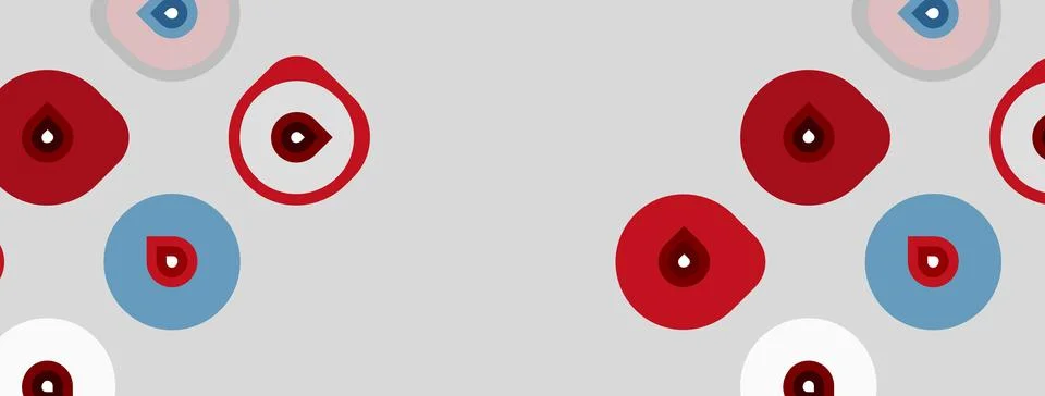 Abstract pattern features red, blue shapes. Eyes, droplets present on gray Stock Illustration