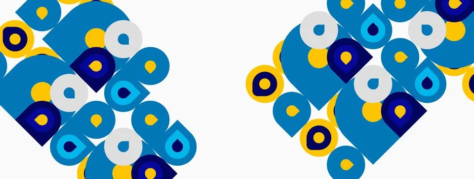Abstract pattern features repeating blue, yellow shapes. Circles, squares Stock Illustration