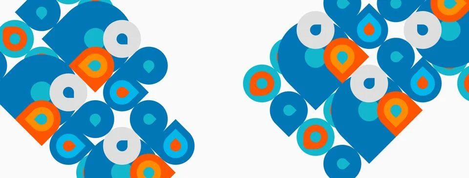 Abstract pattern features repeating blue, orange, teal shapes. Geometric desi Stock Illustration