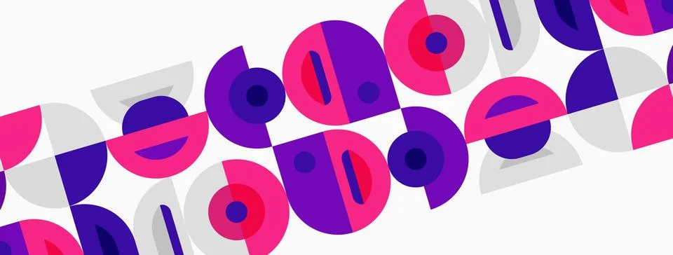 Abstract pattern features repeating circles, squares, pink, purple hues. Mode Illustrazione stock