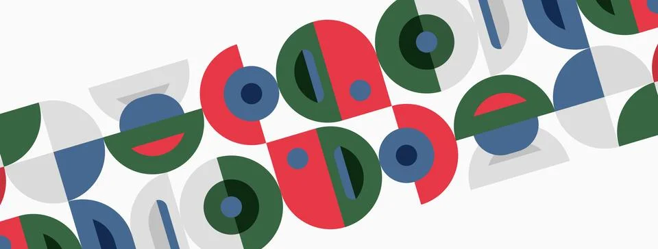Abstract pattern features repeating circles, squares, colors. Red, green, blu Stockillustratie