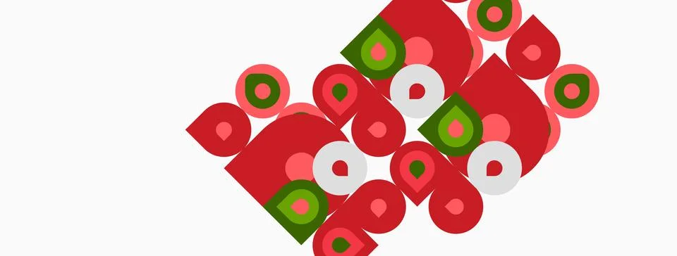Abstract pattern features repeating circles, squares. Red, green colors dom.. Stock Illustration