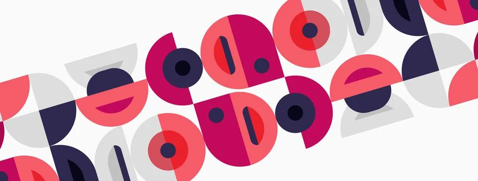 Abstract pattern features repeating circles, squares. Colors include pink, Stock Illustration