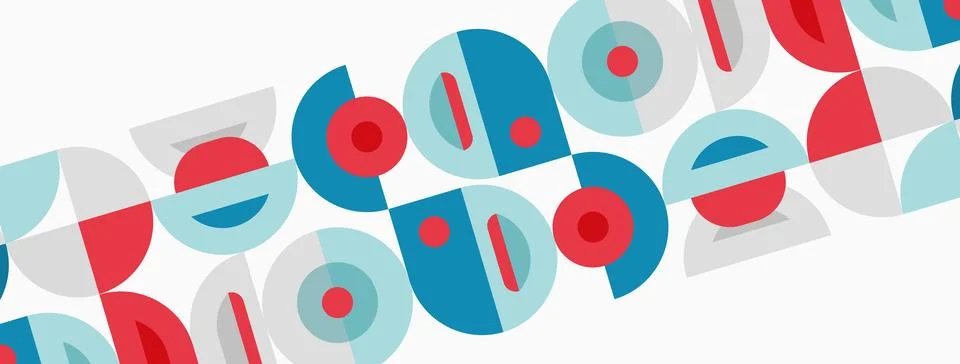 Abstract pattern features repeating circles, semicircles. Red, blue, teal c.. 스톡 일러스트