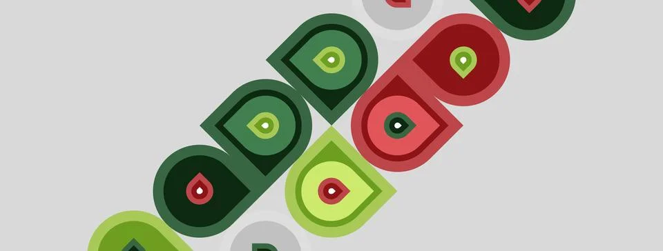 Abstract pattern features repeating circles, green, red, gray hues. Diagonal Stock Illustration