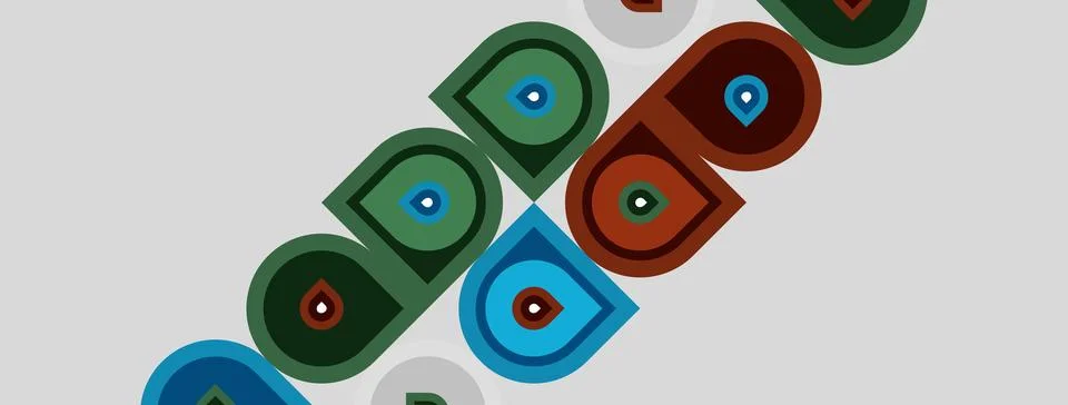 Abstract pattern features repeating circles, squares. Colors include blue, .. Stock Illustration