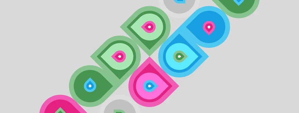 Abstract pattern features repeating circles, squares. Colors include pink, .. イラスト素材