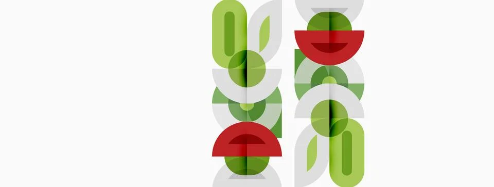 Abstract pattern features repeating green, red shapes. Minimalist design with Stock Illustration
