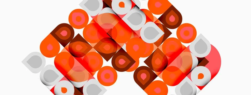 Abstract pattern features repeating orange, red circles, squares. Minimalist Illustrazione stock