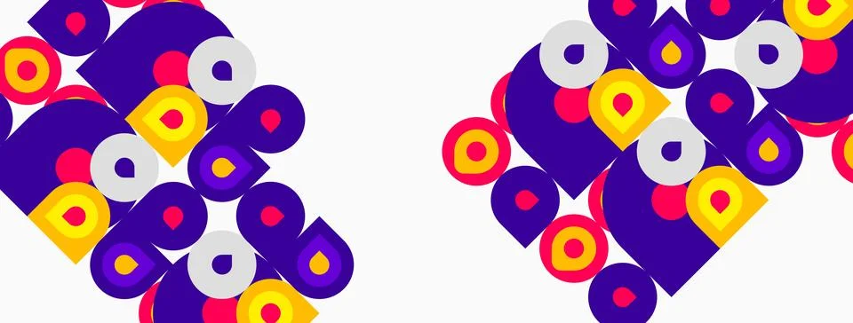 Abstract pattern features repeating purple, yellow, pink shapes. Geometric Stock Illustration