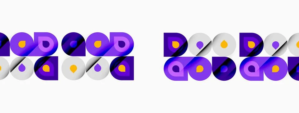 Abstract pattern features repeating purple, gold circles, squares. Minimalist Stock Illustration