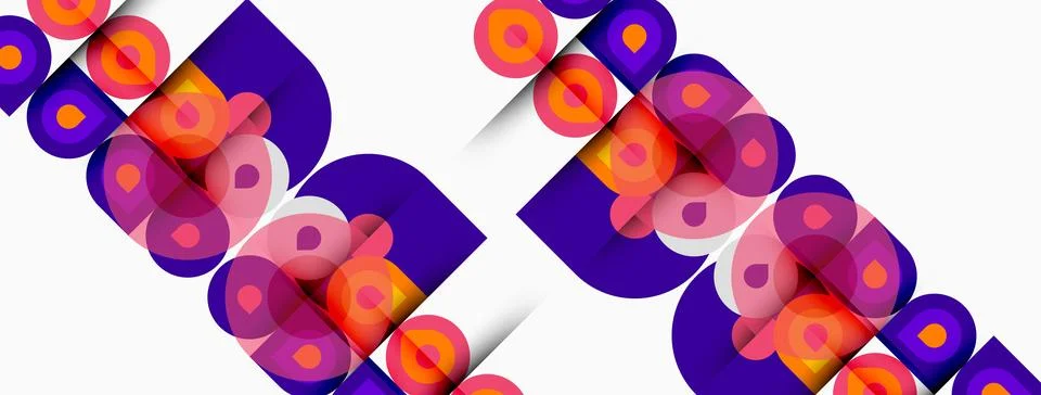 Abstract pattern features repeating purple shapes, orange circles. Modern d.. Illustrazione stock