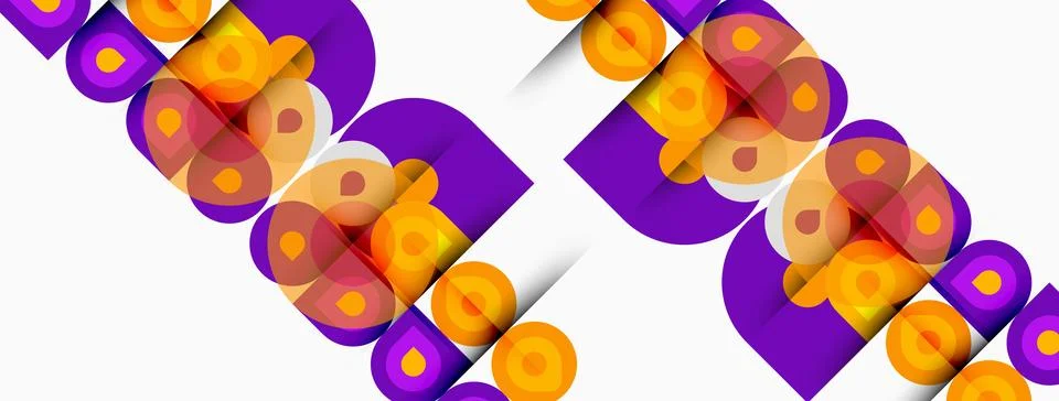 Abstract pattern features repeating purple shapes, orange circles. Design e.. 스톡 일러스트