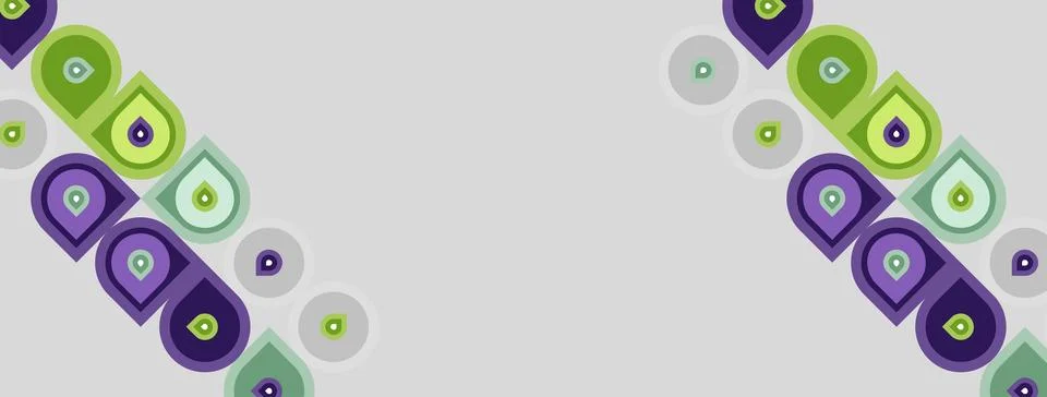 Abstract pattern features repeating purple shapes, green dots, white circles. 스톡 일러스트