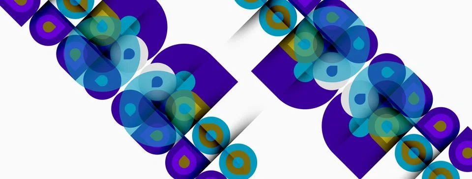 Abstract pattern features repeating shapes. Purple, teal, yellow circles crea Stock Illustration
