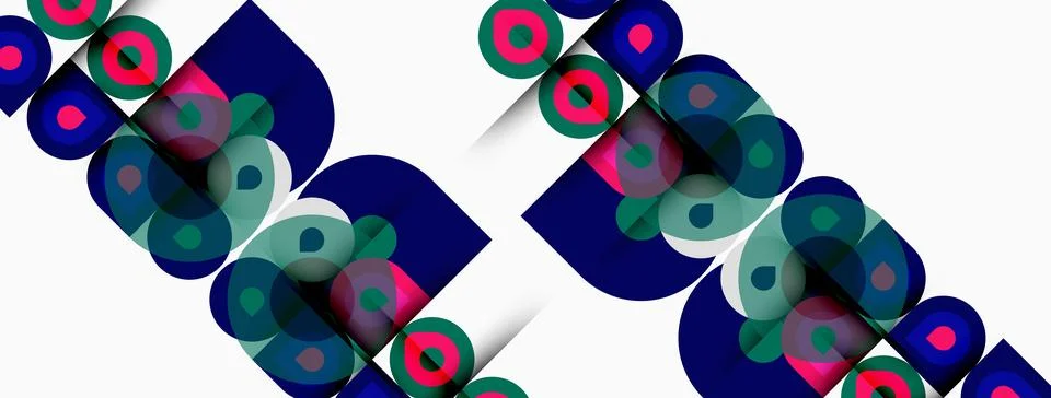 Abstract pattern features repeating shapes. Circles, squares overlap creating 스톡 일러스트