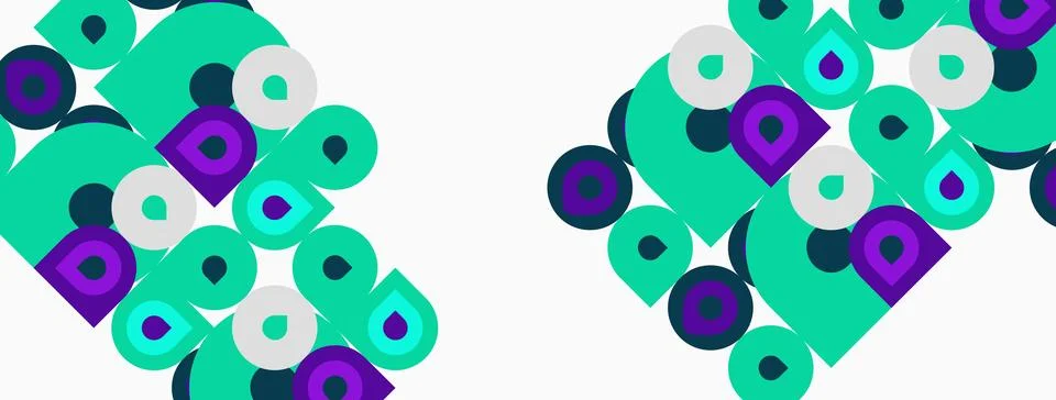 Abstract pattern features repeating shapes. Turquoise, purple, white elements Stock Illustration