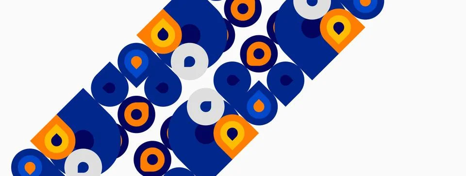 Abstract pattern features repeating shapes. Blue, orange, white circles creat Illustrazione stock