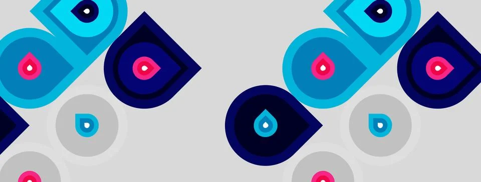 Abstract pattern features repeating shapes. Blue, pink, turquoise hues domina Stock Illustration