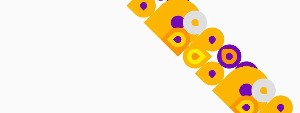 Abstract pattern features repeating yellow shapes, purple dots. Minimalist Stock Illustration