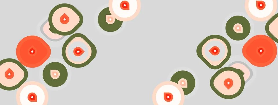 Abstract pattern features rounded shapes, olive green, coral hues. Backgrou.. 스톡 일러스트