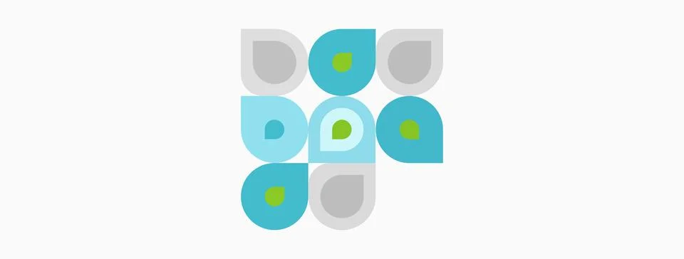 Abstract pattern features rounded squares, circles, teal, gray, lime hues. Illustrazione stock