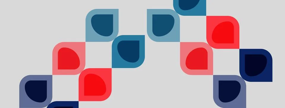 Abstract pattern features rounded squares, red, blue hues. Minimalist design, Stock Illustration