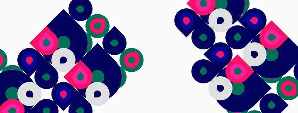 Abstract pattern features stacked squares, circles. Colors include navy, Stock Illustration