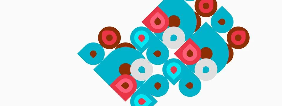 Abstract pattern features turquoise squares with red circles. Shapes overlap 스톡 일러스트