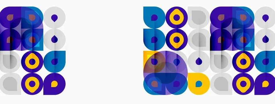 Abstract pattern featuring colorful overlapping circles, squares. Minimalist Stock Illustration