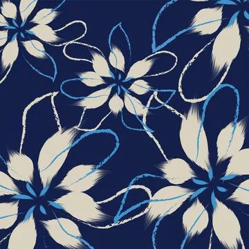 Abstract pattern featuring hand-drawn white flowers with blue outlines agai.. Stock Illustration