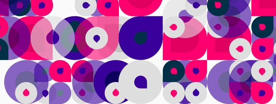Abstract pattern featuring overlapping circles, squares. Pink, purple, teal.. Illustrazione stock