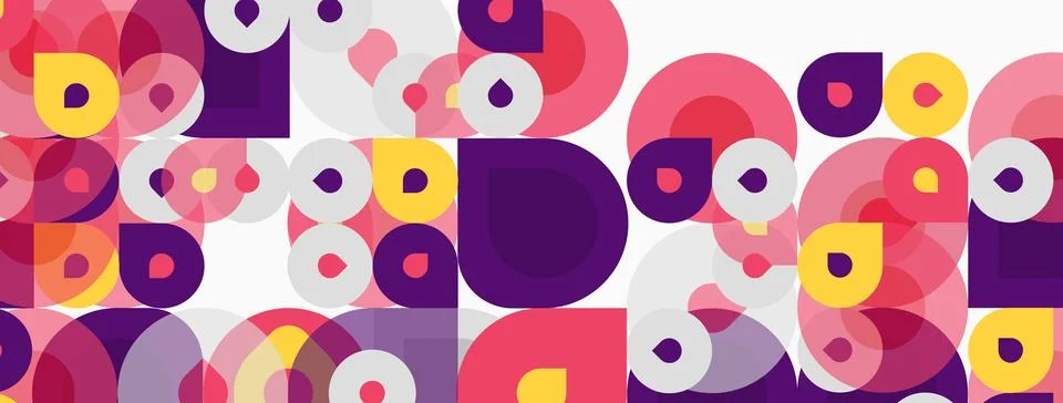 Abstract pattern featuring overlapping circles, squares. Pink, purple, yellow イラスト素材