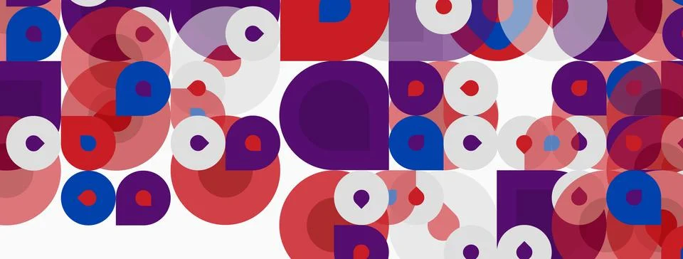 Abstract pattern featuring overlapping circles, squares. Colors include red, Illustrazione stock