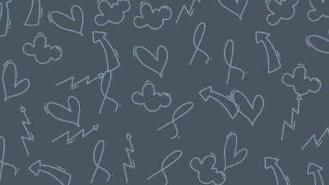 Abstract pattern featuring playful doodles of clouds, arrows, hearts, and l.. Stock Footage 319585496