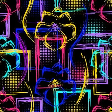 Abstract pattern with flowers, paint brush strokes Stock Illustration