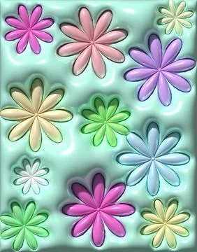 Abstract with a pattern of glossy pastel flowers sunken in a mint green tex.. Stock Photos