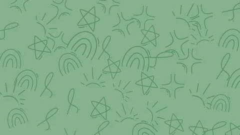 Abstract Pattern of Hand Drawn Rainbows and Stars on Green Background. 스톡 일러스트