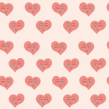 Abstract pattern. Hearts seamless pattern. Hearts with faces. Cute cartoon he Stock Illustration