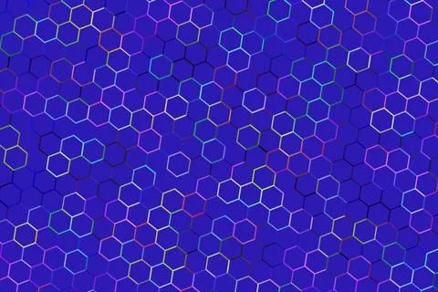 Abstract pattern of hexagons with neon colors on blue background Stock Illustration
