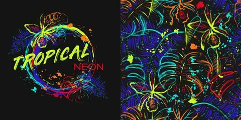 Abstract pattern, label with monstera leaves Stock Illustration