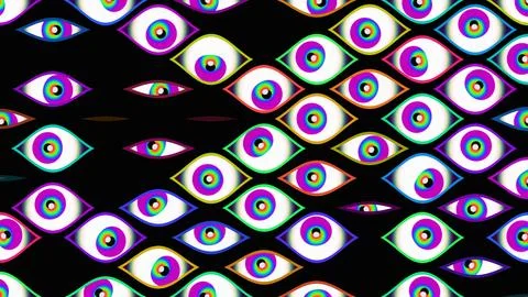 Abstract Pattern of Many Psychedelic Eyes with Vibrant Colors on a Dark Illustrazione stock