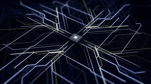 Abstract pattern with microchip circuit board on black background. Animation Stock Footage 142579484