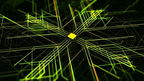 Abstract pattern with microchip circuit board on black background. Animation Stock Footage 142734417